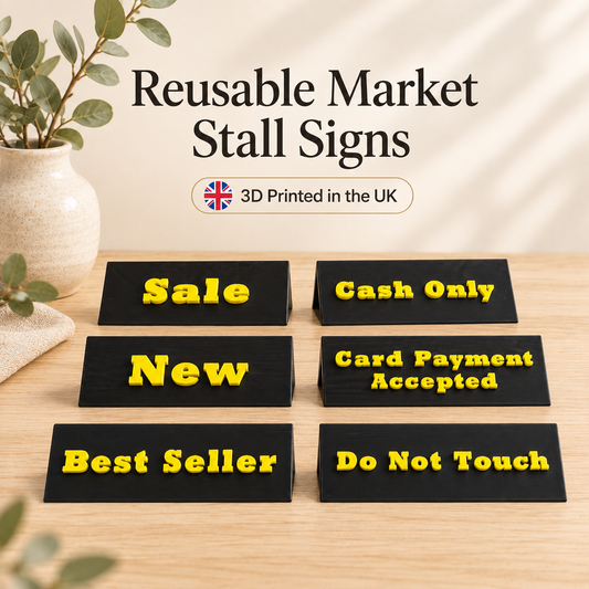 Market Stall Signs Set | 6 Reusable 3D Printed Craft Fair Signs | Sale Cash Only New Best Seller | Tabletop Business Display