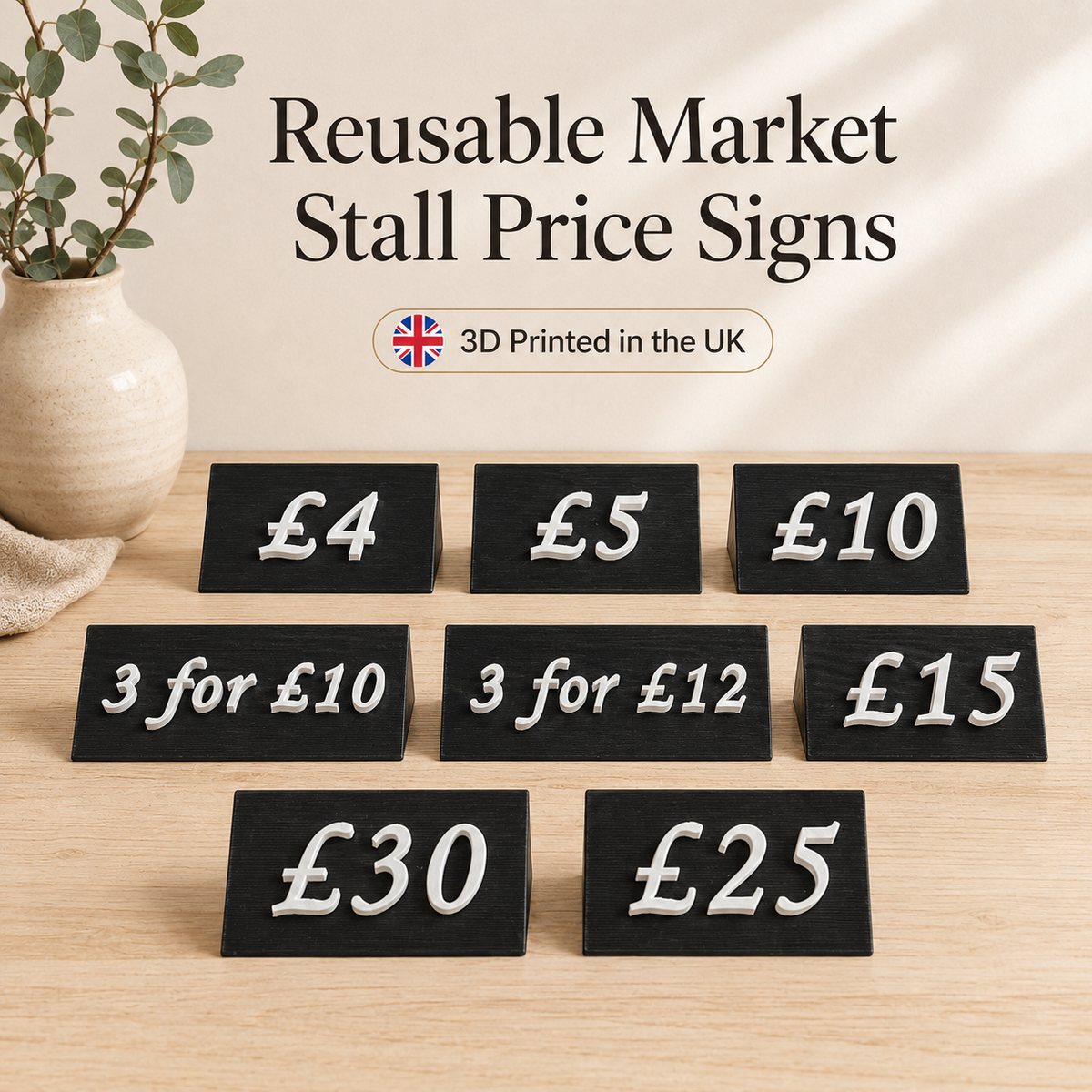 Market Stall Price Signs Set | 8 Reusable 3D Printed Craft Fair Price Signs | Tabletop Price Display | Made in UK