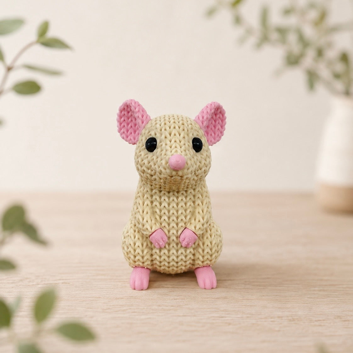 Cream Rat Figurine – Knitted-Style Shelf Decor