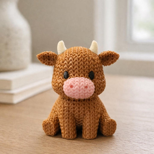 3D Printed Highland Cow Figurine – Knitted Texture Mini Ornament – Cute Shelf Decor