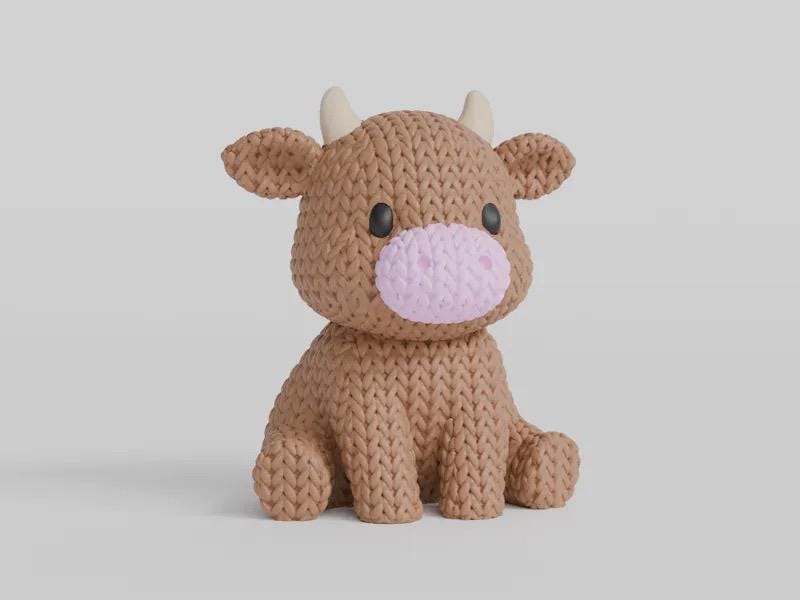 3D Printed Highland Cow Figurine – Knitted Texture Mini Ornament – Cute Shelf Decor