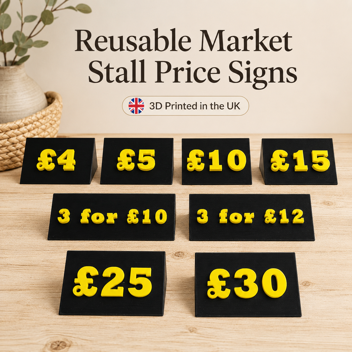 Market Stall Price Signs Set | 8 Reusable 3D Printed Craft Fair Price Signs | Tabletop Price Display | Made in UK