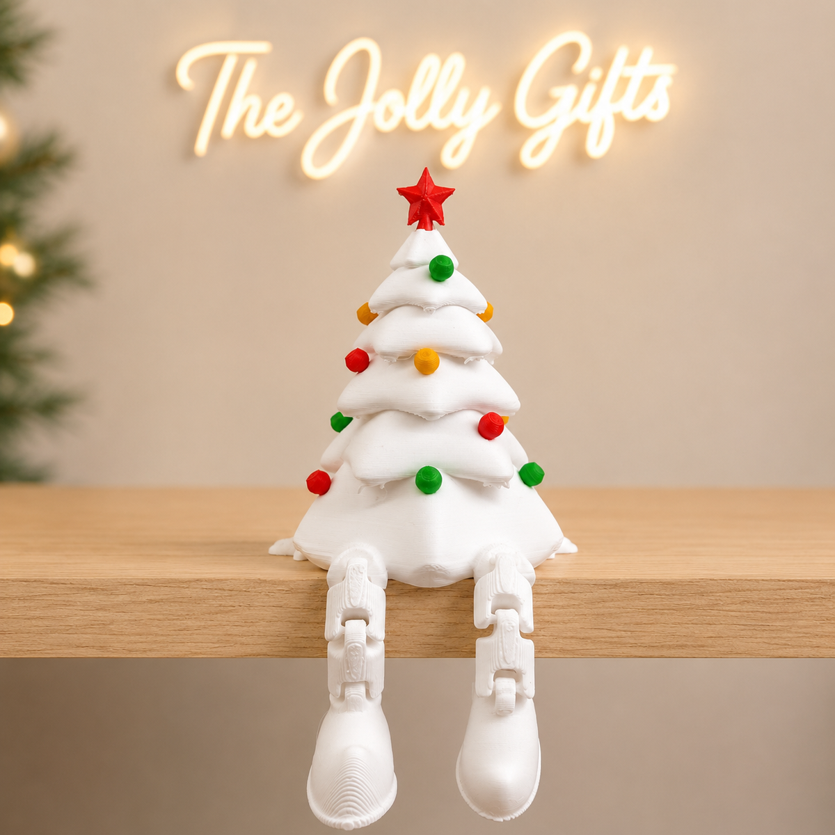 Christmas White Tree Shelf Sitter, Dangly Legs
